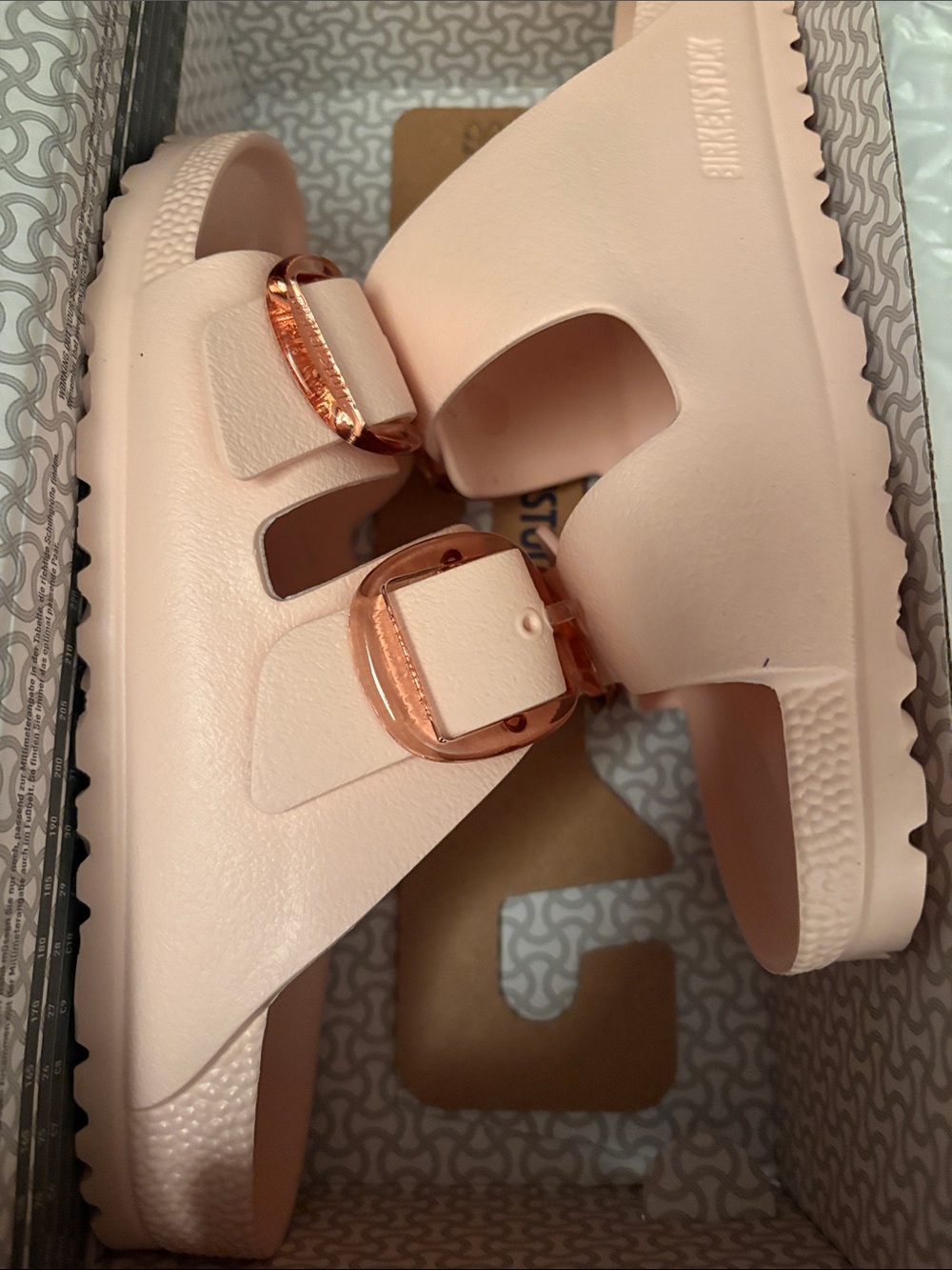 Birkenstock Pink EVA Two-Strap Slide Sandals with Rose Gold Buckles